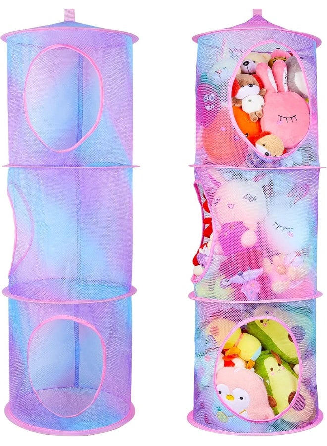Basumee Stuffed Animals Net or Hammock 2Pcs Hanging Stuffed Animals Storage Toy Net Hammock for Stuffed Animals Organizer Mesh Hammock Kids Girls Room Decor, Blue and Purple, 3 Tiers - Image 1